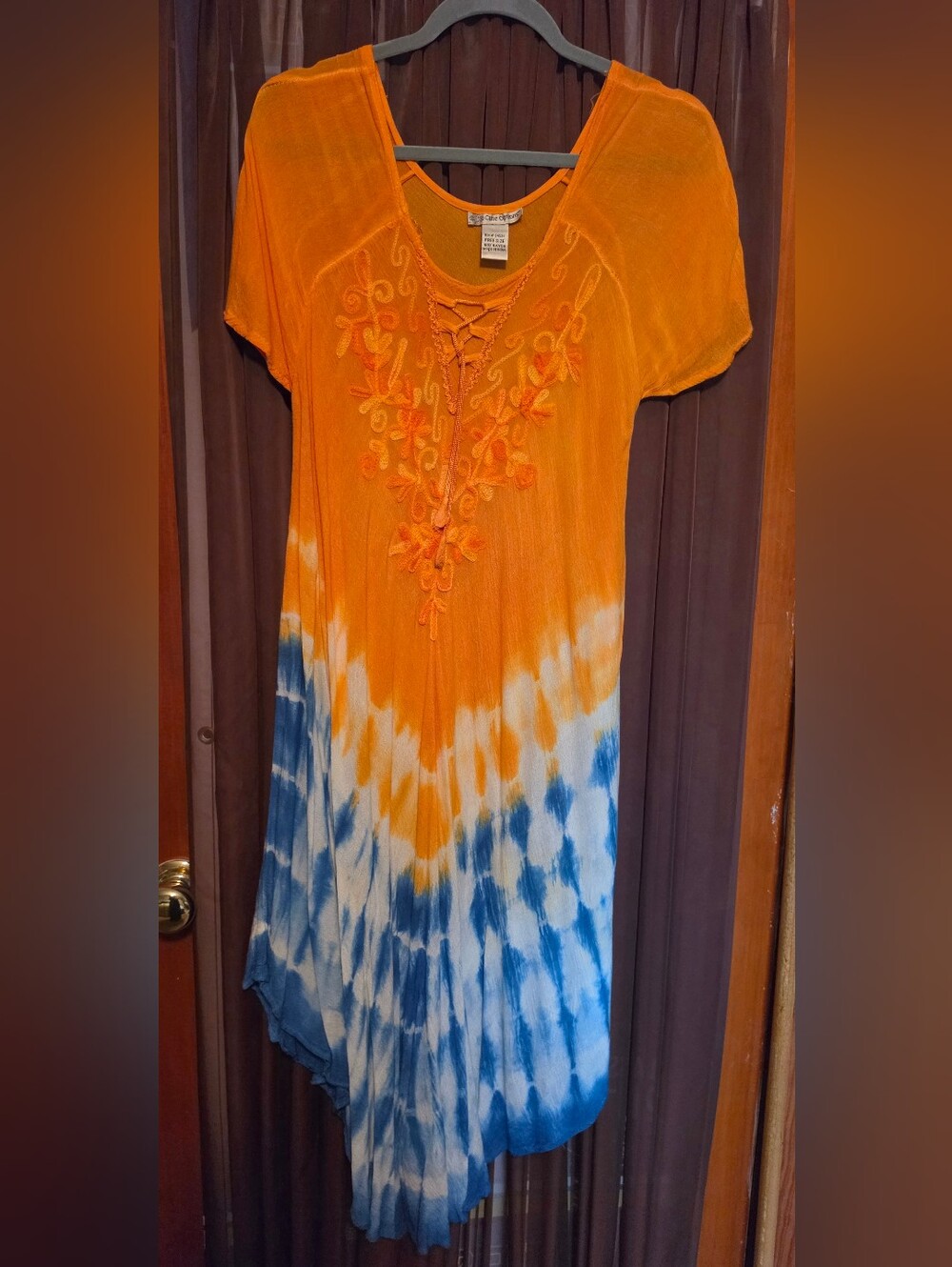 Boho Orange & Blue Tie-Dye Asymmetrical Dress with Embroidered V-Neck. NWOT